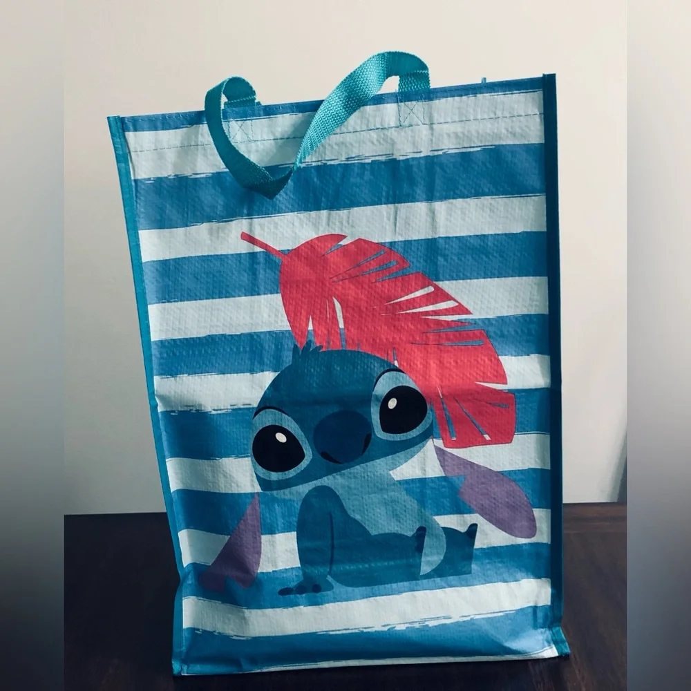 Disney Stitch leaf graphics Reusable bag blue stripes. Size 13.5in X 19in X 8in
